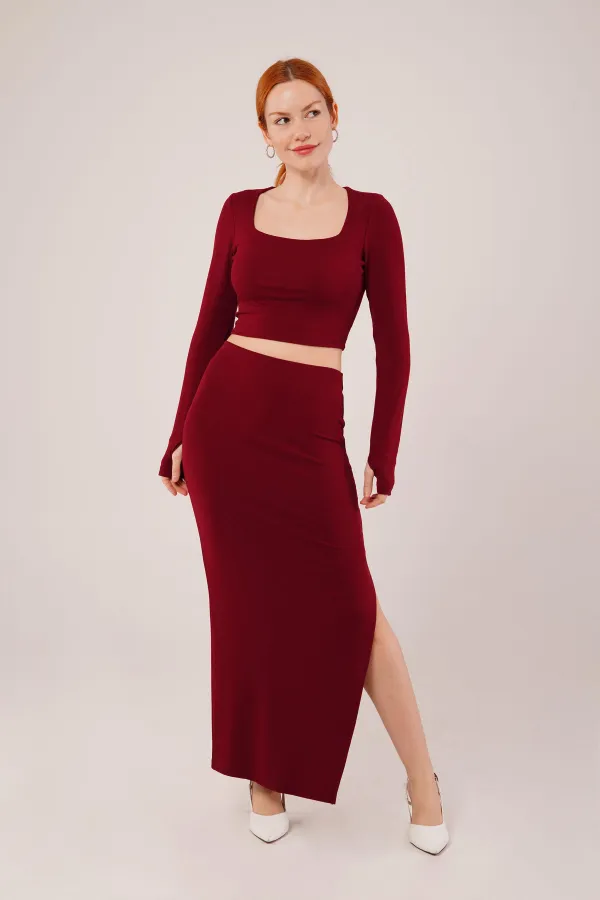 Kare Yaka Bluz Ve Yırtmaç Detaylı Etek Toptan İkili Bordo Takım