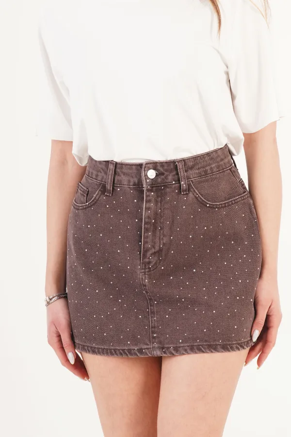 Taş İşlemeli Işıltılı Kahve Toptan Mini Denim Etek