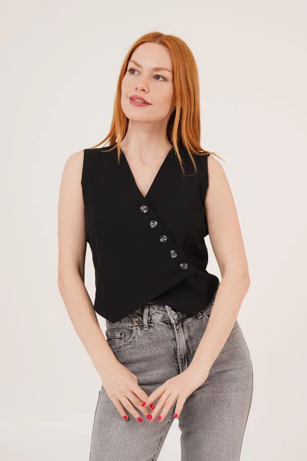 V-Neck Buttoned Triangle Cut Wholesale Black Vest