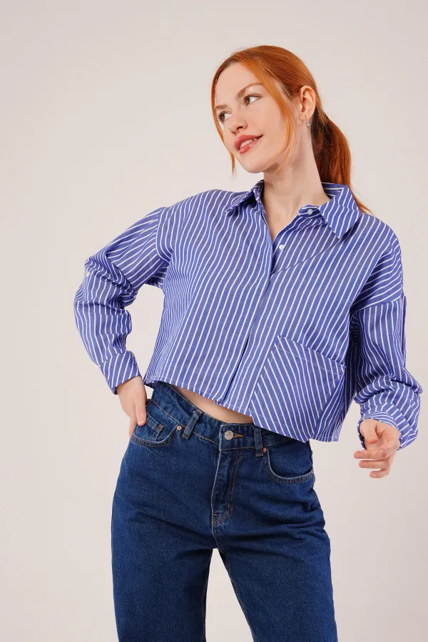 Crop Model Cepli Ve Çizgili Mavi Toptan Gömlek