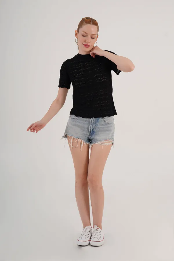 Knitted Model Short Sleeve Wholesale Black Knitwear Blouse