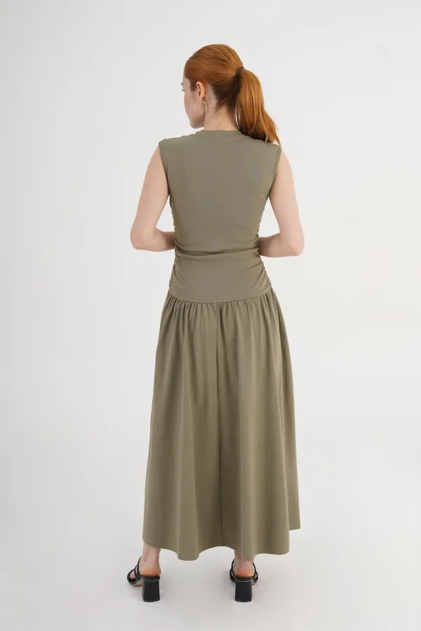 Khaki Wholesale Dress with Pleated Waist