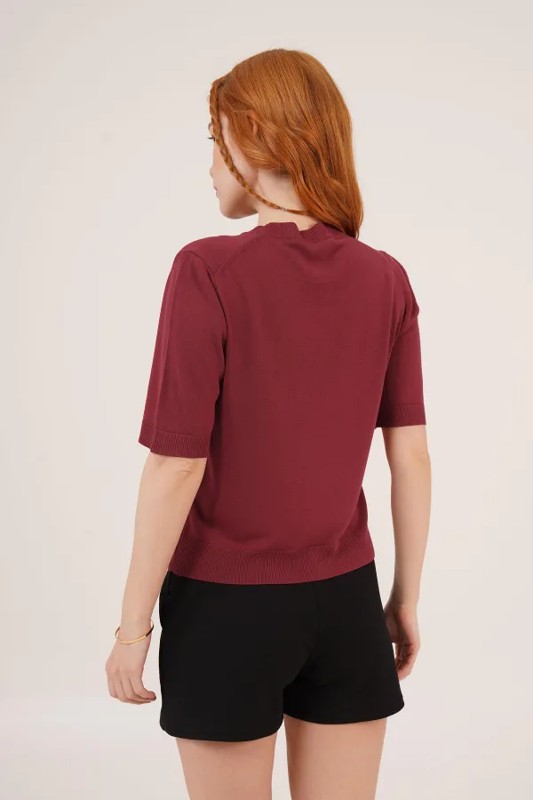 Yarım Kol Yuvarlak Yaka Likralı Toptan İnce Bordo Triko Bluz