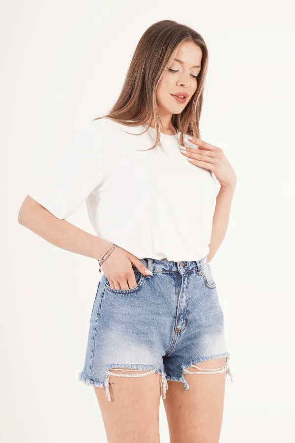 Short en jean taille haute et effet usé, vente en gros