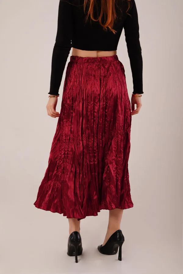 Midi Boy Pileli Saten Toptan Bordo Etek