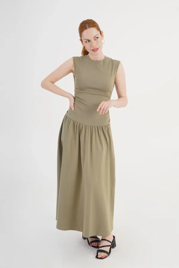 Khaki Wholesale Dress with Pleated Waist