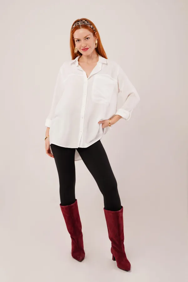 Salaş Kesim Cepli Toptan Beyaz Gömlek