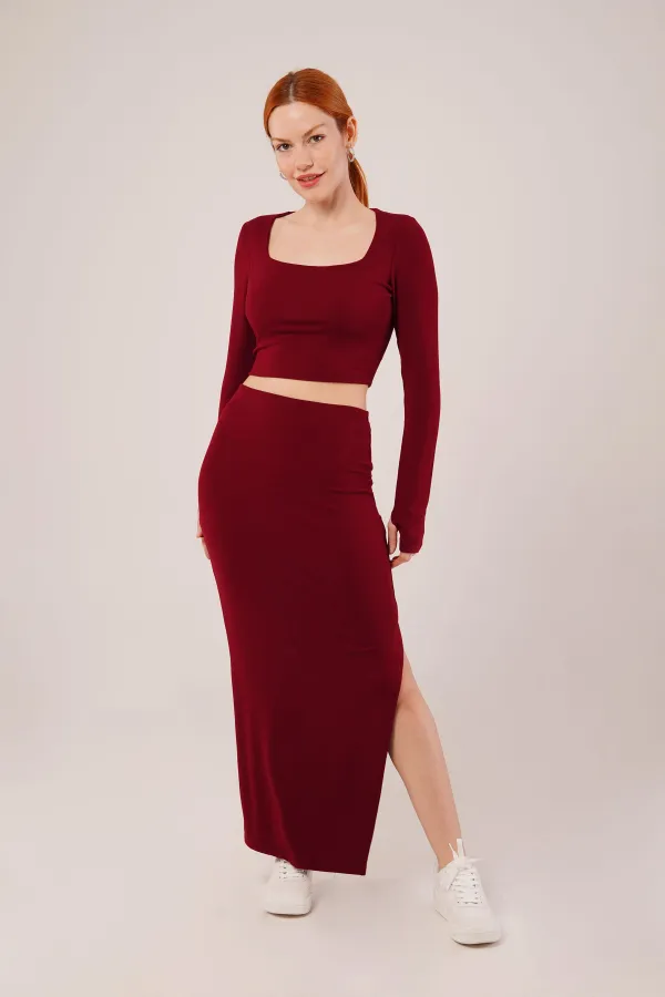 Kare Yaka Bluz Ve Yırtmaç Detaylı Etek Toptan İkili Bordo Takım