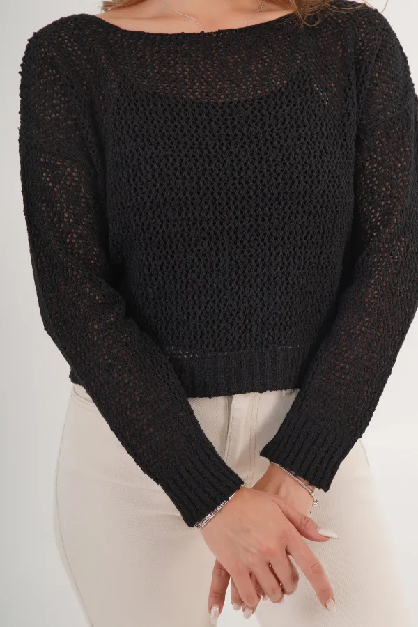 File Geniş Yaka Toptan Siyah Örme Bluz