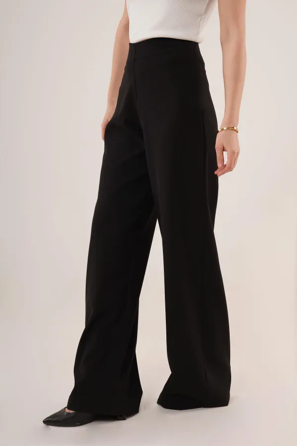 Bol Paça Yandan Fermuarlı Toptan Siyah Kumaş Pantolon