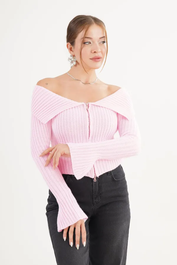 Madonna Yaka Full Fermuarlı Toptan Pembe Triko Bluz