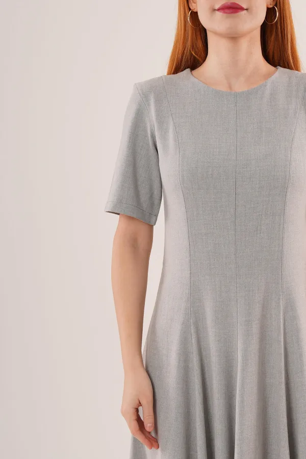 Dikiş Detaylı Kısa Kollu Toptan Gri Uzun Elbise