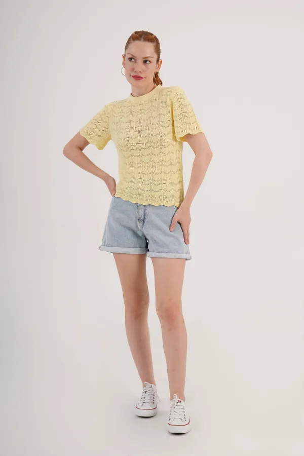 Chemisier tricoté à manches courtes jaune en gros