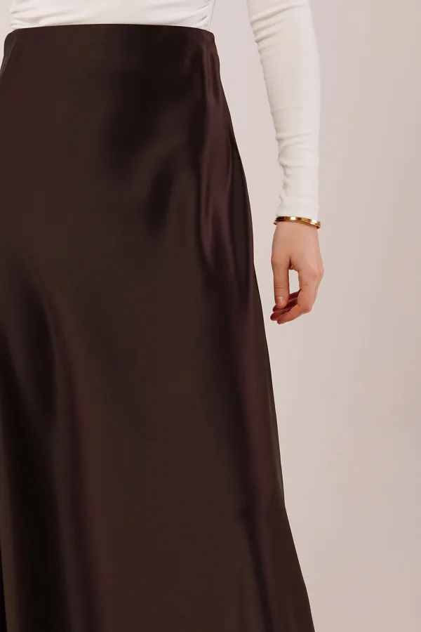 Çan Kesim Midi Kahverengi Toptan Saten Etek