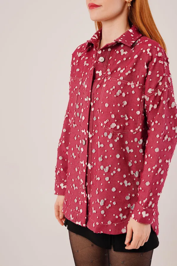 Eskitme Görünümlü Denim Toptan Bordo Gömlek