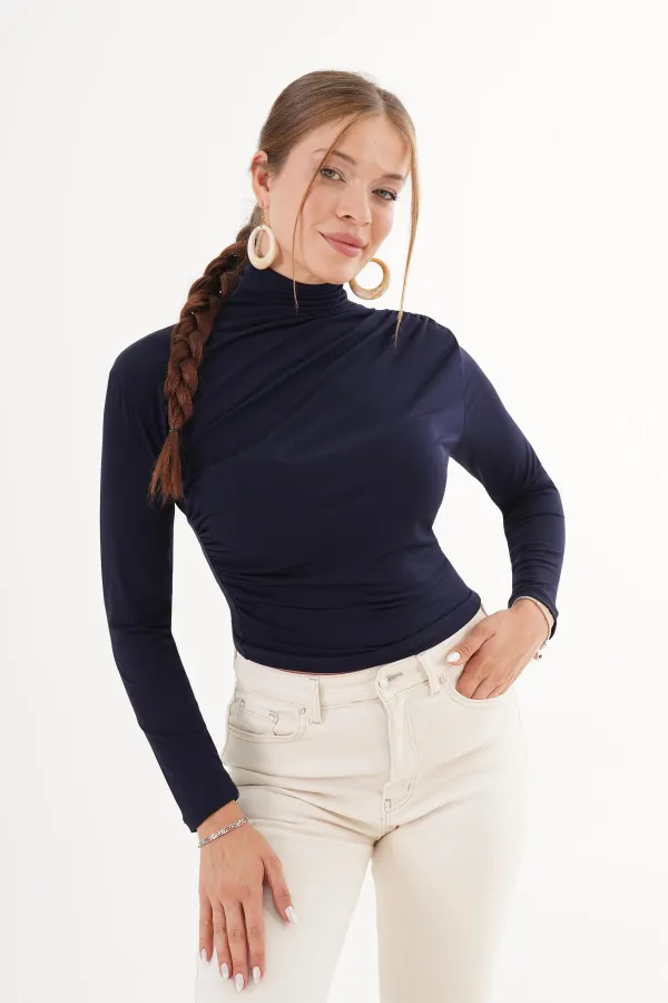 Omuz Ve Bel Büzgülü Dik Yaka Toptan Lacivert Bluz