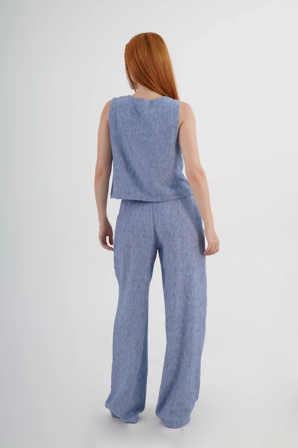 Ön Bağlama Detaylı Yelek Ve Pantolon İndigo Toptan İkili Takım