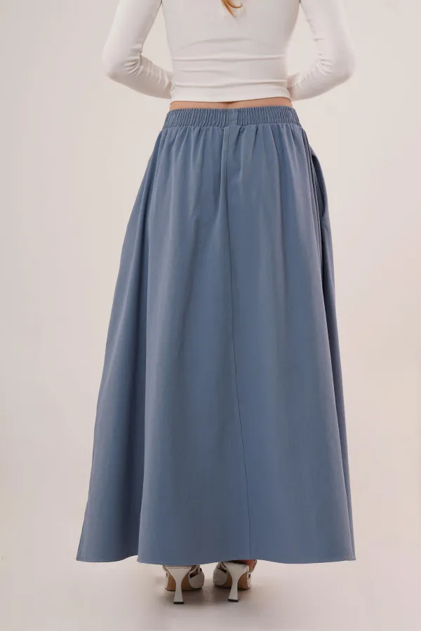 Bel Lastikli Cep Detaylı Uzun Mavi Toptan Etek