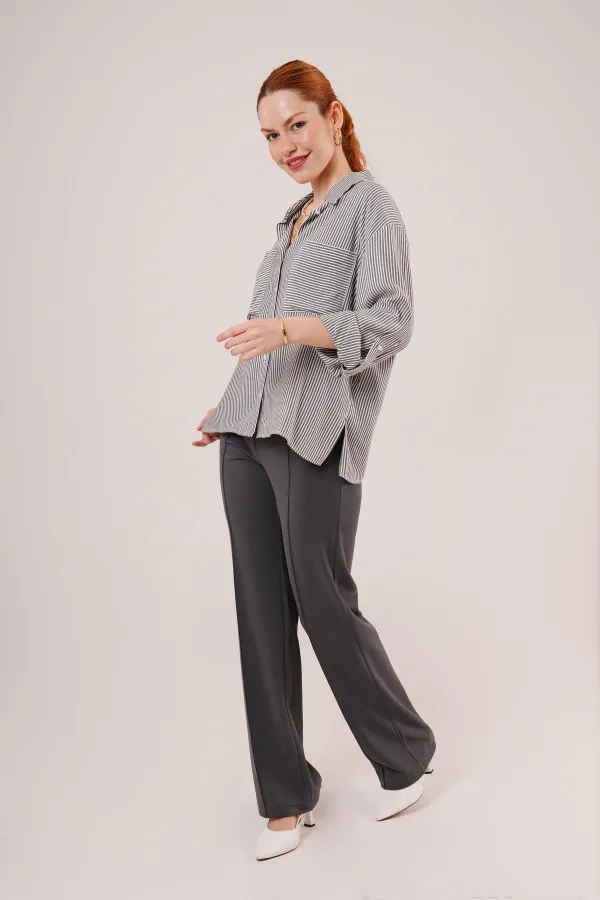 Yarasa Kol Çizgili Cep Detaylı Toptan Gri Gömlek