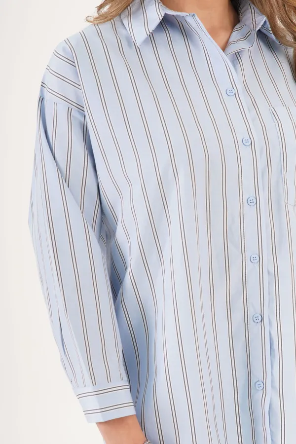 Çizgili Arkası Düğme Detaylı Toptan Mavi Gömlek