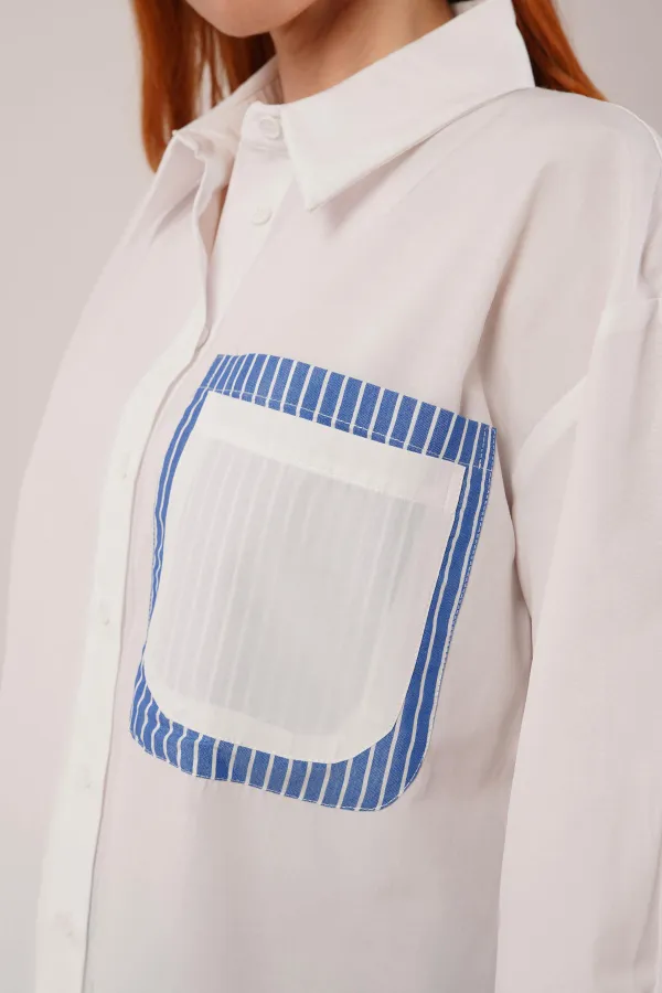 Çizgili Cep Detaylı Beyaz Toptan Gömlek
