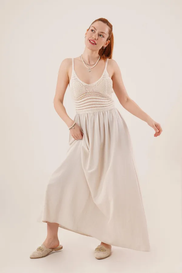 Ajurlu Askılı Belden Oturtmalı Toptan Maxi Krem Elbise