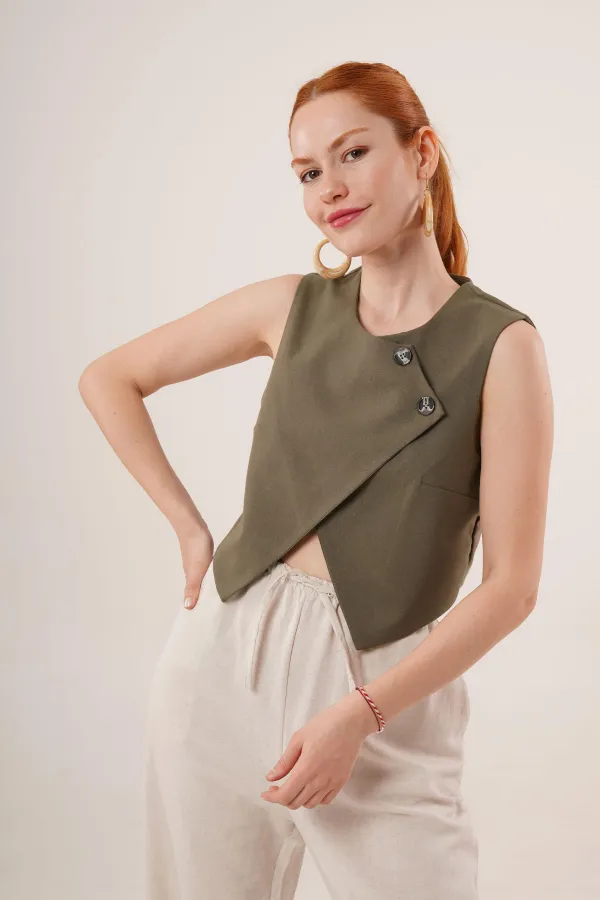 Çift Düğmeli Çapraz Model Haki Toptan Yelek