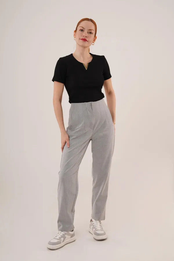 Çift Pens Detaylı Toptan Gri Pantolon