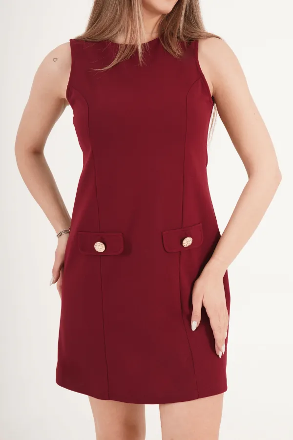 Belden Oturtmalı Ön Dikişli Bordo Toptan Mini Elbise