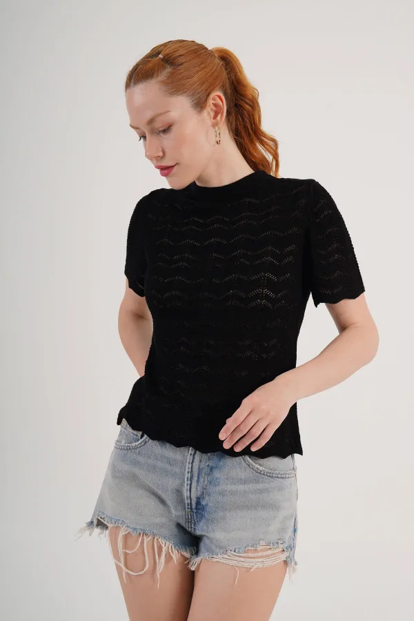 Knitted Model Short Sleeve Wholesale Black Knitwear Blouse