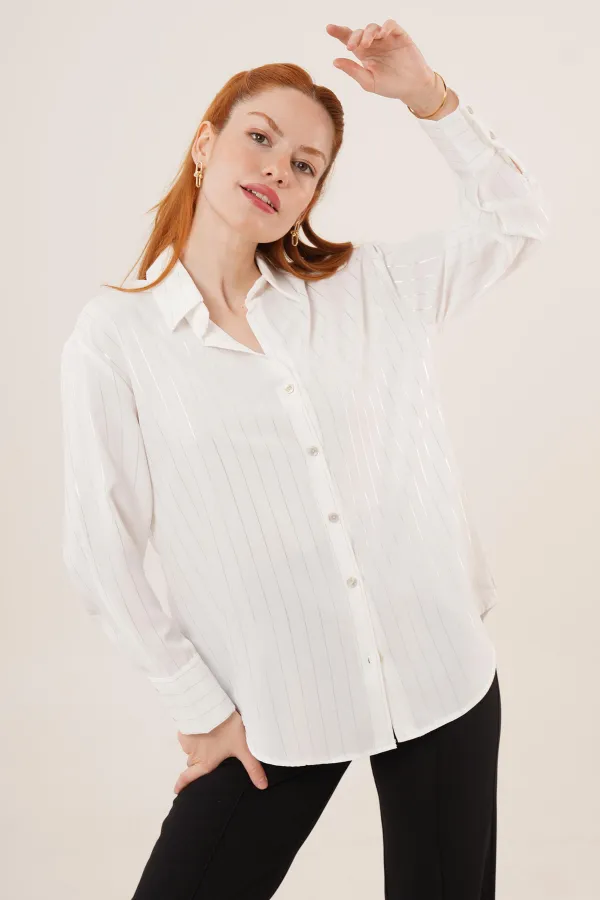 Gümüş Çizgili Düğmeli Beyaz Toptan Gömlek