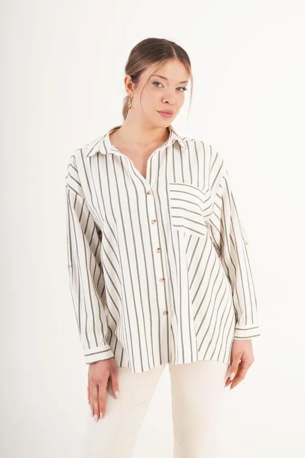 Keten Haki Çizgili Cepli Dökümlü Toptan Gömlek