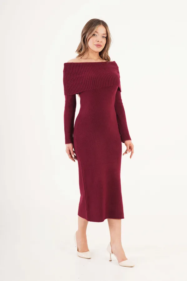 Madonna Yaka Toptan Bordo Triko Elbise