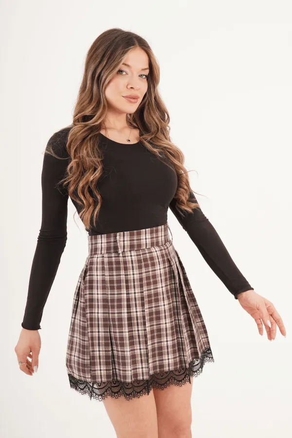 Dantel Detay Ekoseli Toptan Kahve Etek