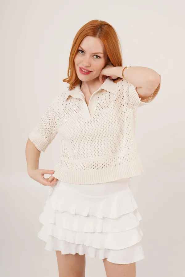 Chemisier ajouré à col polo écru en gros
