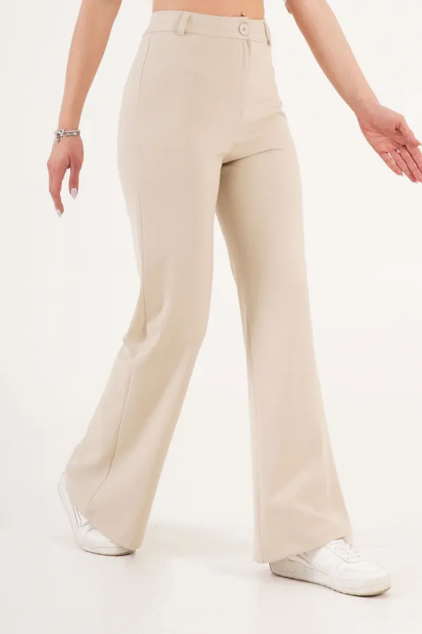Yüksek Bel Tek Düğme Krem Pantolon