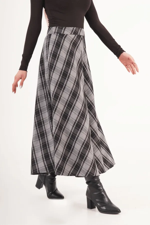 Kareli Yüksek Bel Trend Gri Toptan Etek