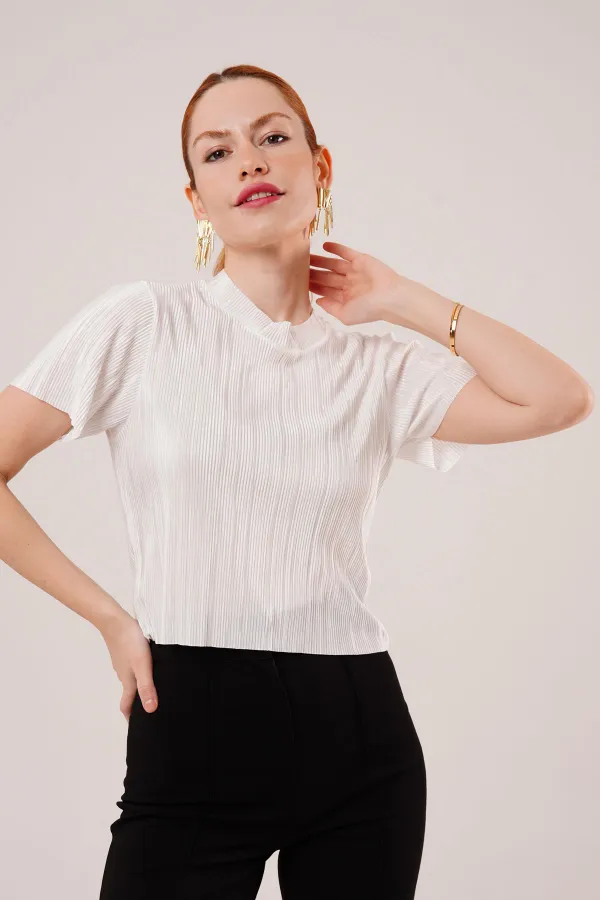Fitilli Kısa Kollu Parlak Toptan Beyaz Bluz