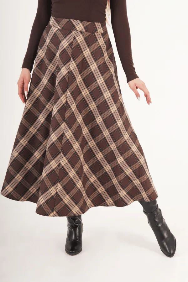 Kareli Yüksek Bel Trend Kahve Toptan Etek