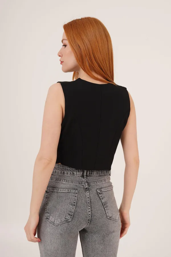 V-Neck Buttoned Triangle Cut Wholesale Black Vest