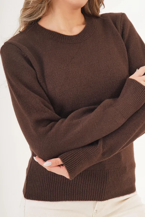 Bisiklet Yaka Düz Model Toptan Kahverengi Kazak