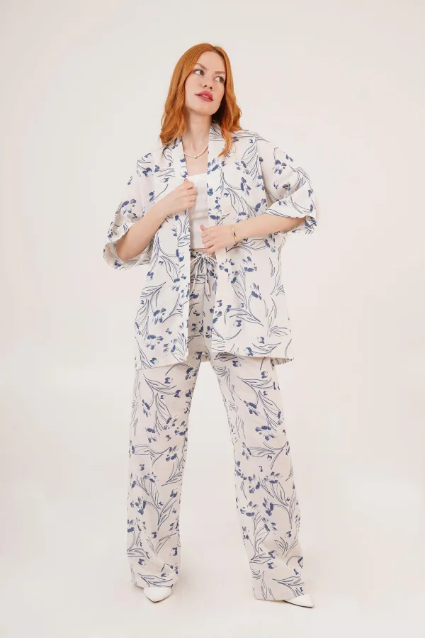 Mavi Çiçek Desenli Toptan Ekru İkili Takım