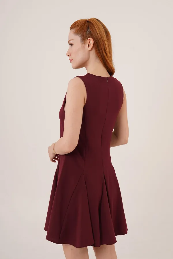 Sıfır Kol Pileli Toptan Bordo Mini Elbise