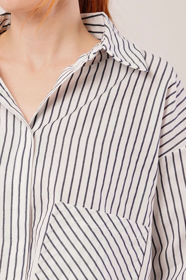 Crop Model Cepli Ve Çizgili Beyaz Toptan Gömlek