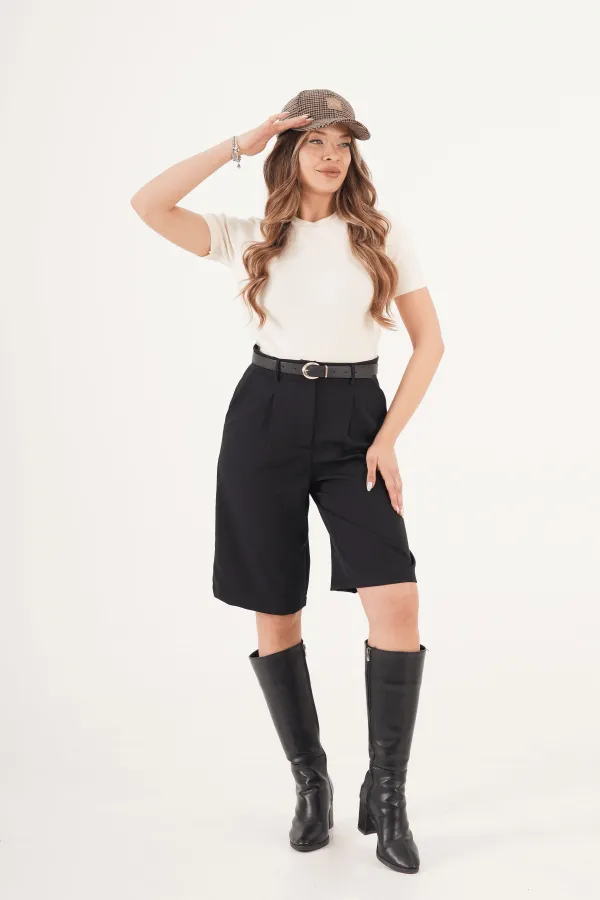 Toptan Kemerli Cepli Siyah Bermuda Şort