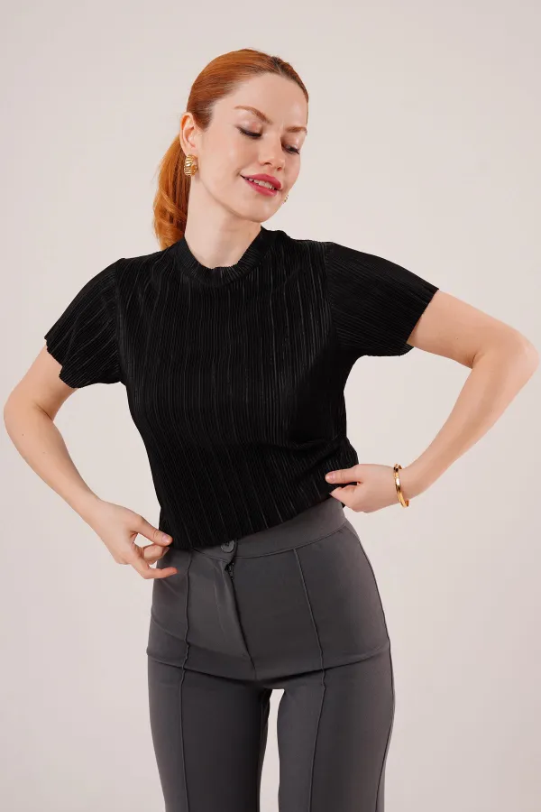 Fitilli Kısa Kollu Parlak Toptan Siyah Bluz