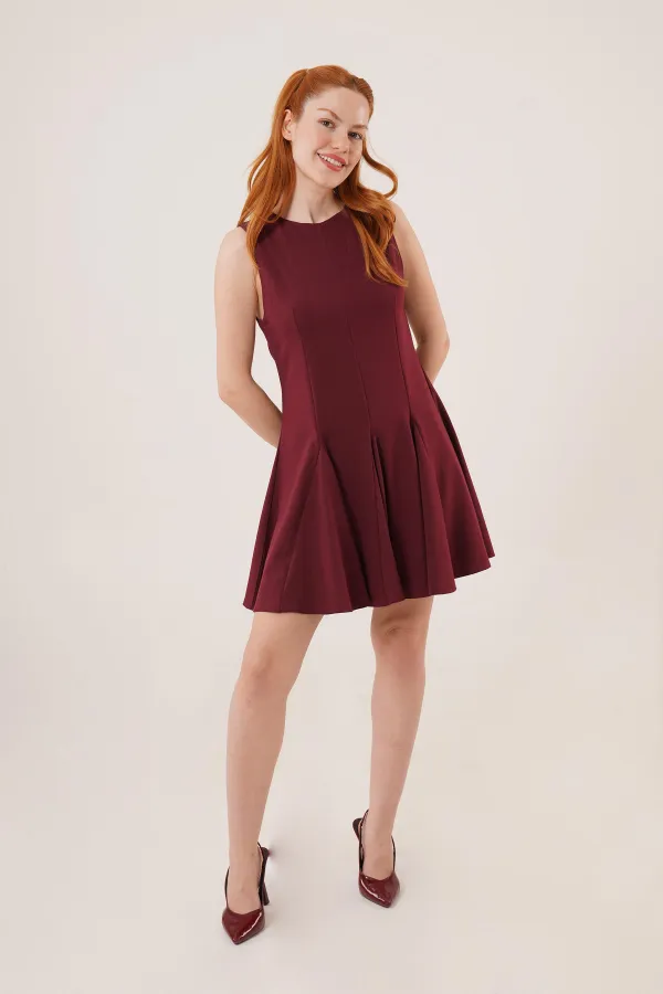 Sıfır Kol Pileli Toptan Bordo Mini Elbise