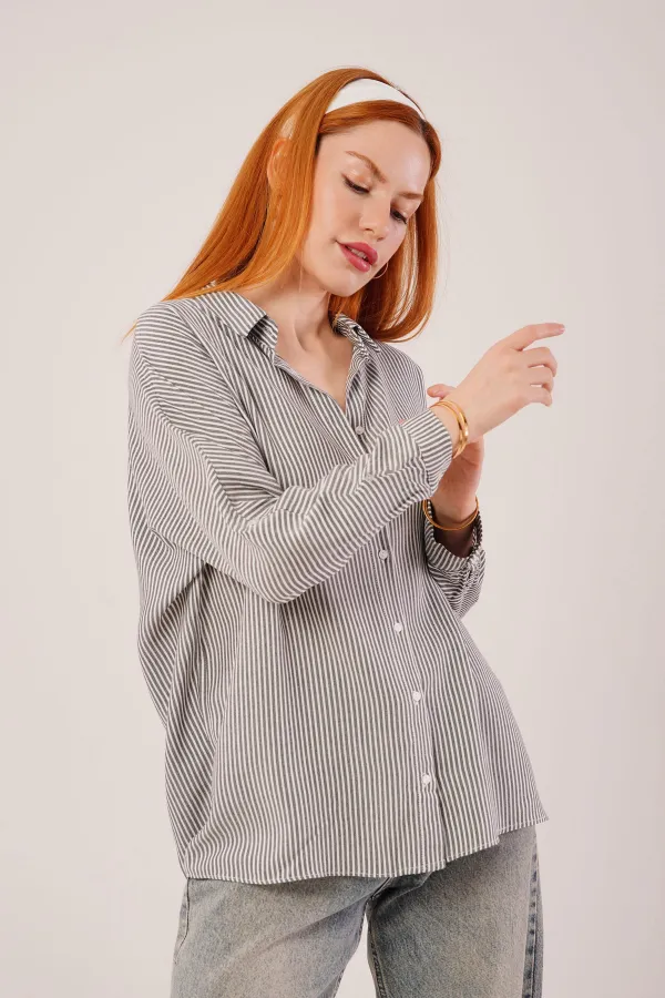 Cep Detay Gri Oversize Çizgili Toptan Gömlek