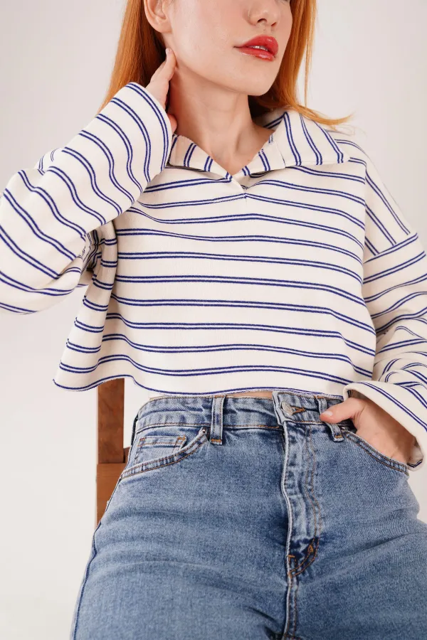 Polo Yaka Lacivert Çizgili Toptan Crop Sweatshirt