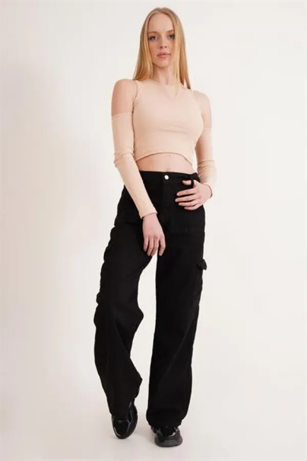 Omuz Detaylı Bisiklet Yaka Toptan Bluz Taş